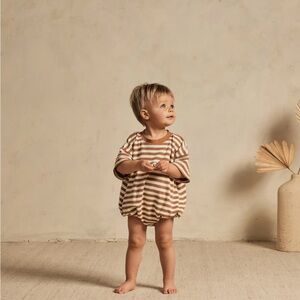 Rylee Cru relaxed short sleeve bubble romper || camel stripe 6-12M